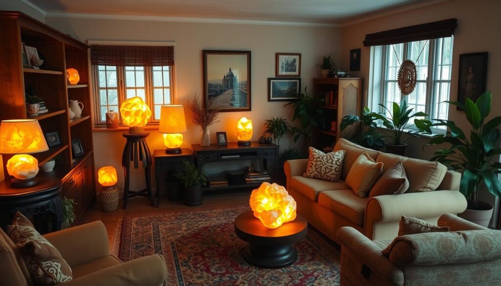 Himalayan salt lamps glowing in a living room