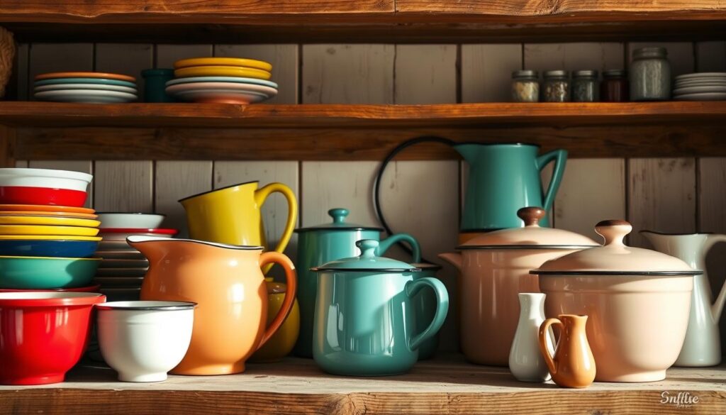 Vintage kitchen enamel pieces arranged on a rustic shelf