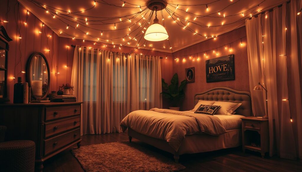 nostalgic string lighting bedroom setup