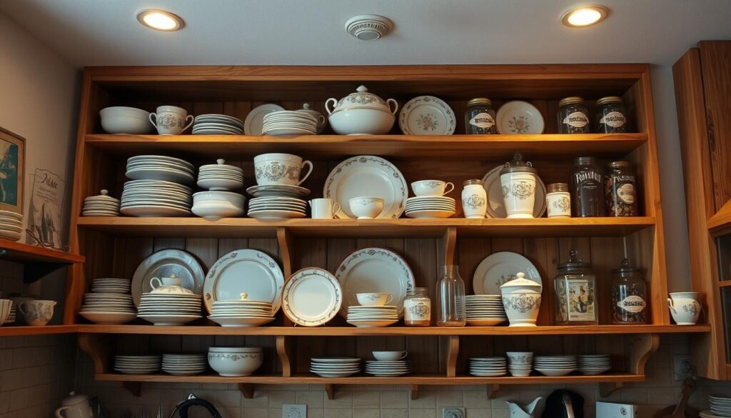 open shelving with displayed dishes