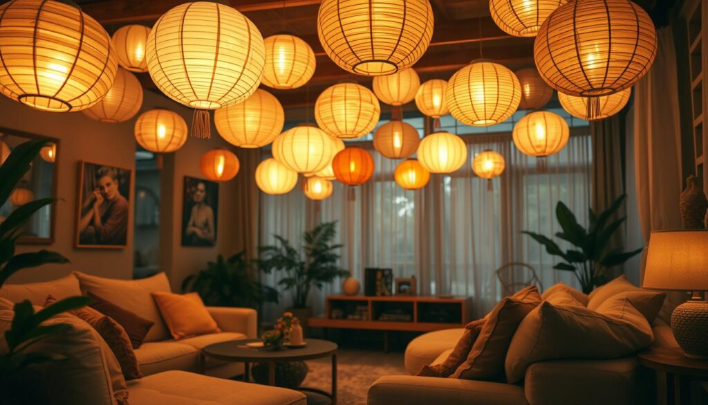 round paper lights in a cozy living room