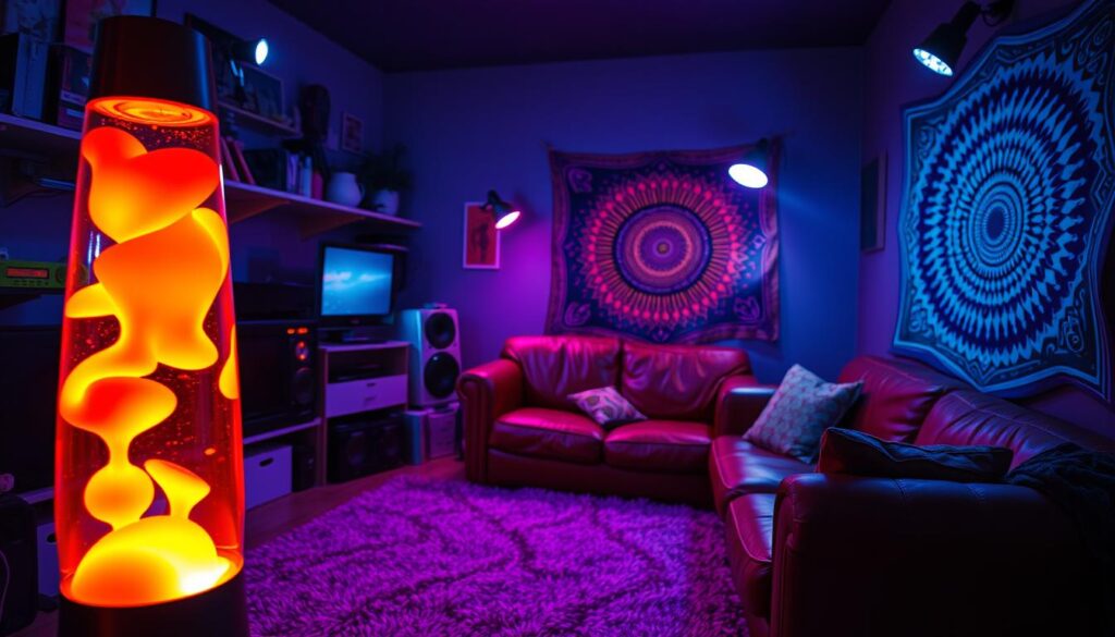 90s black light and clamp lights decor